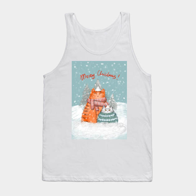 Merry Christmas greeting winter card with cute fluffy cats in red Santa hats and scarves. Tank Top by Olena Tyshchenko